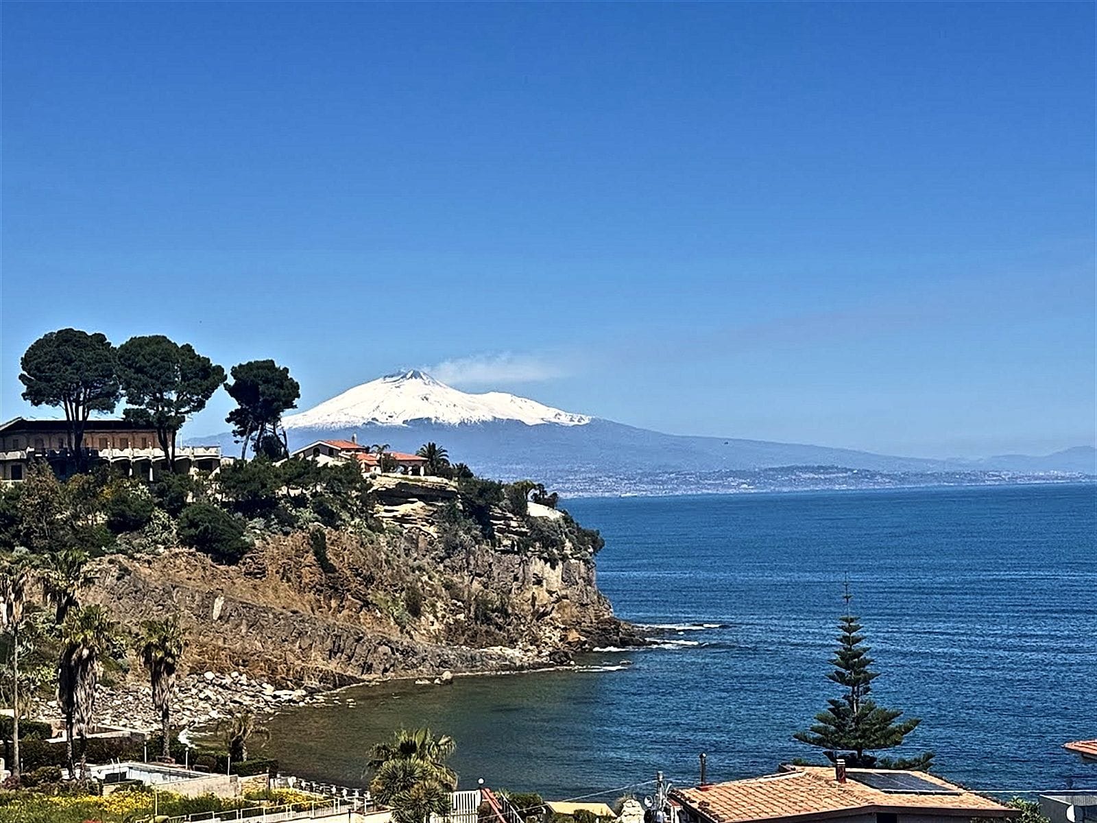 Snow-capped Mount Etna across the sea from Baia del Gambero